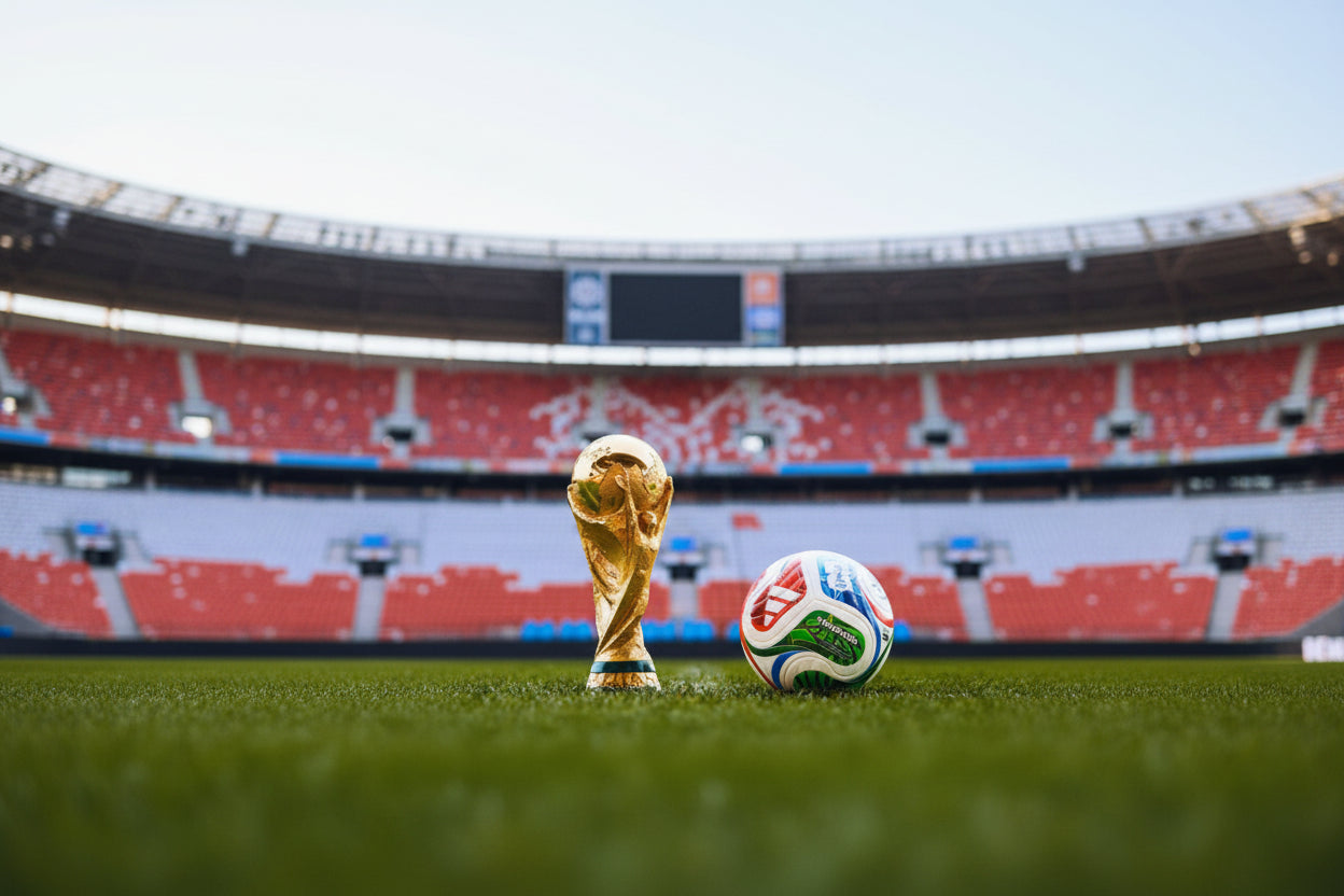 World Cup trophy and soccer ball on a grass field with blurred stadium background

